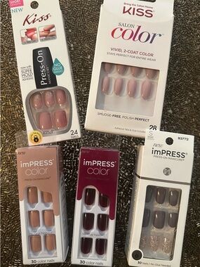 KISS & imPRESS Assorted Press-On Nail Set - Pink, Mauve, Burgundy, Nude NIB